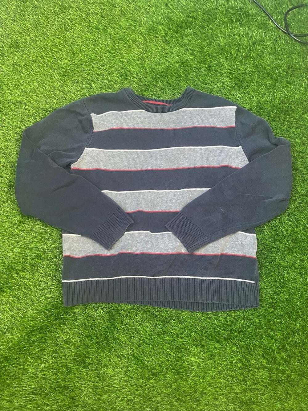 Tommy Hilfiger Striped Sweater Size Large Blue Gray Crew Neck Pullover